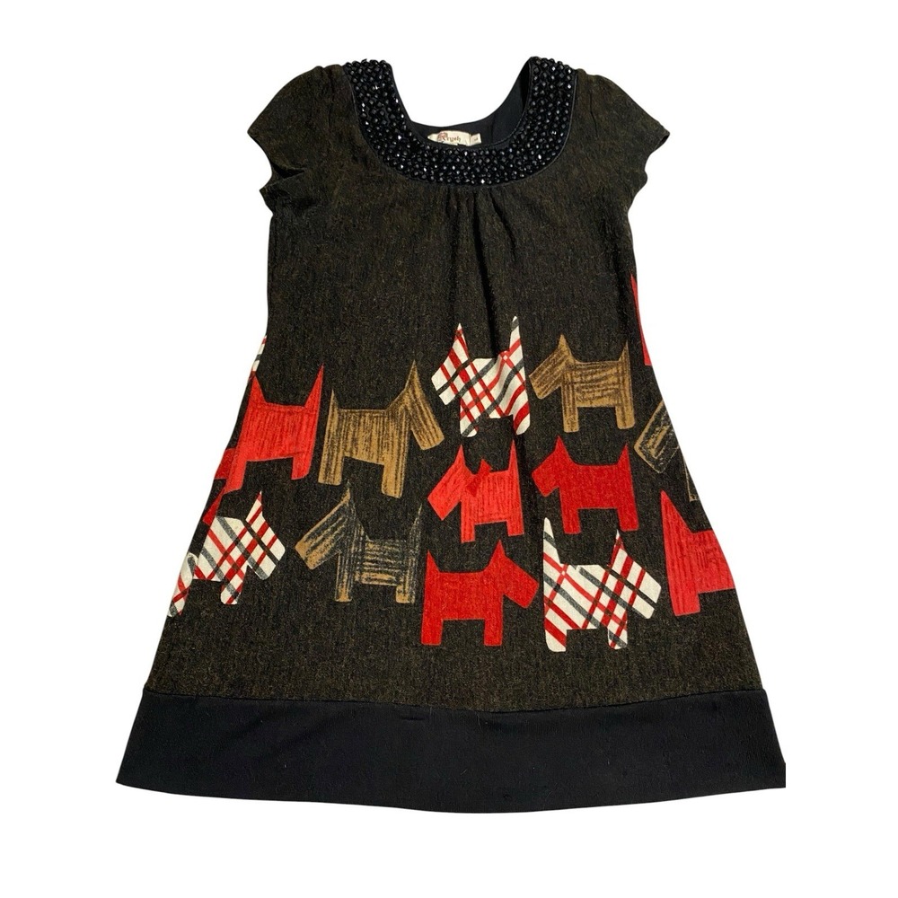 Aryeh Scottie Dog Sweater Dress Tunic L Black Beaded Neck Plaid Puppy A-Line